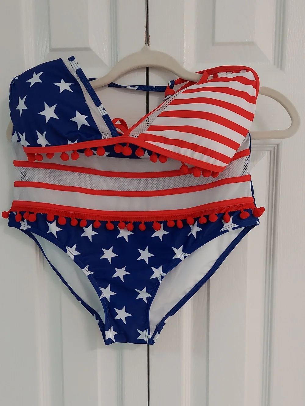 USA Flag Bikini, New! Size L, Pom-Poms, Stars & Stripes, Red Blue